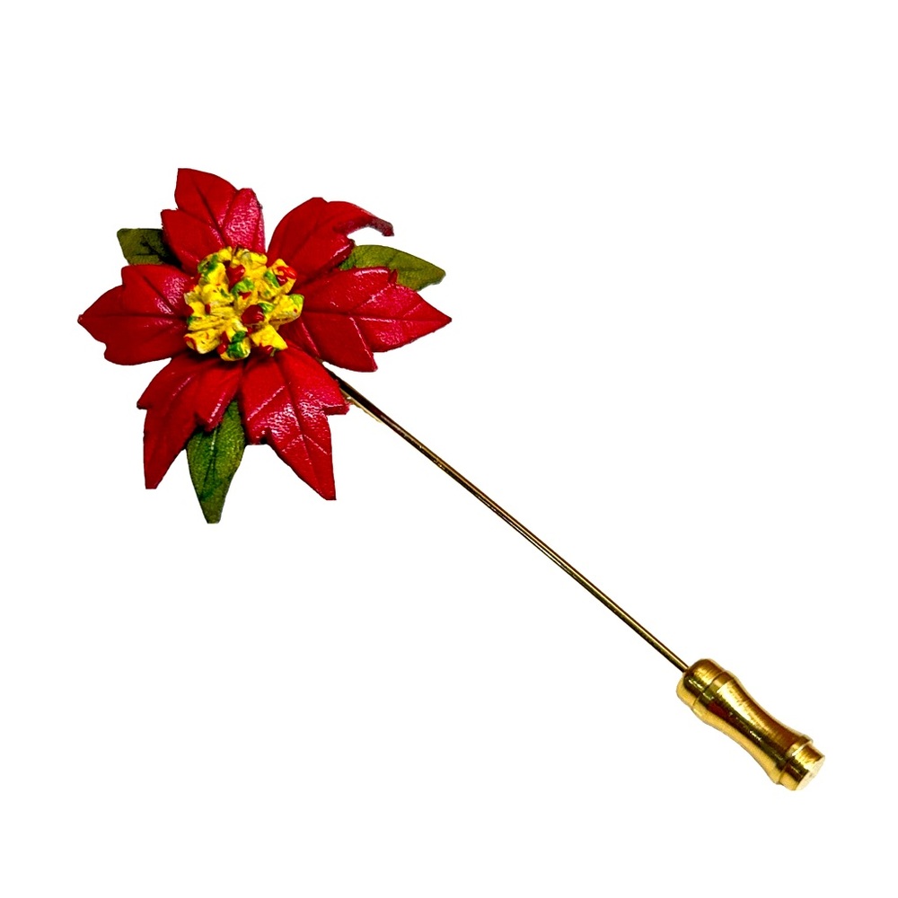 💕 Vintage Leather Holiday Poinsettia Gold Red Festive Coloured Lapel Pin
